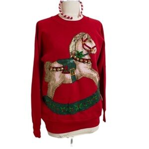 80s Ugly Christmas Sweatshirt Red with Brass Bells Vintage Ricking Horse Print